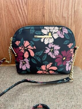 Floral Dome Crossbody Bag in Black with Pink & Coral Blooms